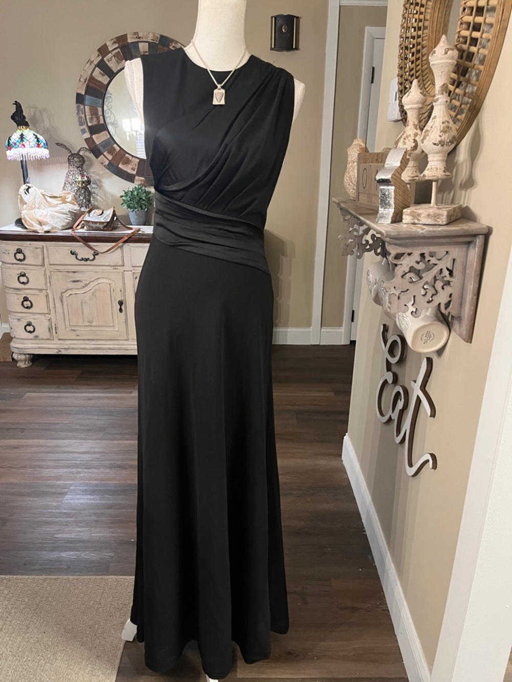 DKNY Black Sleeveless Maxi Dress with Draped Waist